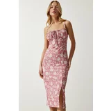 Happiness İstanbul Women's Dried Rose Floral Slit Summer Knitted Dress