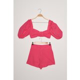 Trendyol Pink Balloon Sleeve Buckled Shorts Blouse Set | Shoptok.si