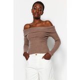 Trendyol Brown Knitwear Look Carmen Collar Fitted/Skinned Crop Knitted Blouse | Shoptok.si