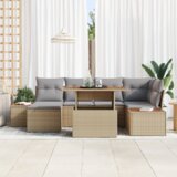 vidaXL 7-delna vrtna sedežna garnitura z blazinami Bež Poly Rattan | Shoptok.si