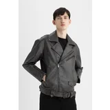 Defacto Slim Fit Polo Collar Faux Leather Jacket Coat