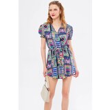 armonika Women's Fuchsia Dekaepta Jumpsuit Double Breasted Collar Waist and Sleeve Elastic Mini Shorts with Skirt | ePonuda.com