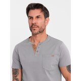 Ombre Men's t-shirt with button neckline and suede trim - grey | Shoptok.si