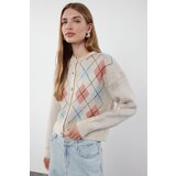 Trendyol Stone Soft Textured Diamond Patterned Jacket-Looking Knitwear Cardigan
