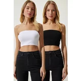 Happiness İstanbul Women's Black and White Strapless Ribbed Knitted 2-Pack Bustier