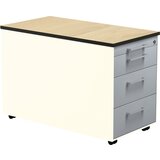 mauser Predalnik na kolesih, VxG 523 x 800 mm, 3 predali za material, čisto bele / aluminijasto srebrne barve / javor | Shoptok.si