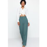 Trendyol Dark Green Straight High Waist Rib Stitched Woven Trousers Cene