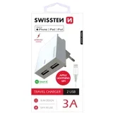punjač za AC220, 2xUSB, 3A, SMART IC, držač, bijeli + LIGHTNING MFI kab