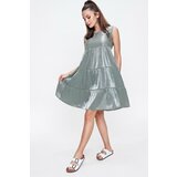 By Saygı Women's Mint Green With Ruffle Stones Satin Sleeveless Dress Cene