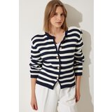  Women's Ecru Navy Blue Striped Knitwear Cardigan with Waistcoat | shoptok.hr