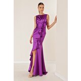 By Saygı Purple Flare Lined Long Satin Dress With Draping. Cene