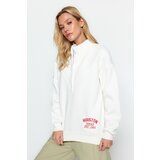 Trendyol Thick Ecru, Fleece Inside, Embroidery and Button Detail Stand-Up Collar Oversized Knitted Sweatshirt | shoptok.hr