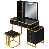  Crno-zlatni kozmetički toaletni stolić s LED ogledalom, rasvjetom, ormarićem i stolicom | shoptok.hr