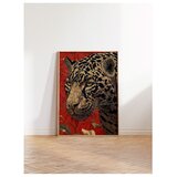 Wallxpert uramljena slika 115273, leopard i cveće na crvenoj pozadini, 50 x 70 cm, ram u boji prirodnog drveta | Eponuda.com
