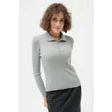 Lafaba Women's Gray Polo Neck Ribbed Knitwear Sweater