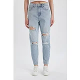 Defacto Mom Fit Ripped Detail High Waist Ankle Length Jean Washed Trousers