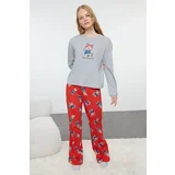 Trendyol Grey Melange Printed Jersey Knitted Pajama Set