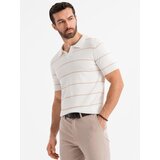 Ombre Men's horizontal striped viscose polo shirt - white and beige | ePonuda.com