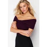 Trendyol Plum Carmen Neck Fitted Stretchy Crop Knitted Blouse