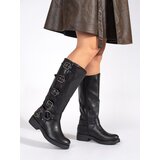 Shelvt Black low-heeled boots with buckles Cene