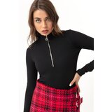 Lafaba Women's Black Long Sleeve Ribbon Flexible Flexible Snap Button Knitted Body. Cene'.'