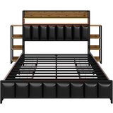 Lumor Postelja 140x200 cm iz umetnega usnja - z LED, 4 predali in policami - črna, (22151327) | Shoptok.si