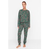 Trendyol Green Christmas Themed Printed Knitted Pajamas Set Cene