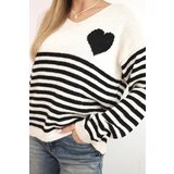 Kesi Włoski Women's striped sweater with heart, mohair and V-neck black | Shoptok.si