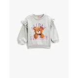 Koton Teddy Bear Print Ruffled Sweatshirt Long Sleeved Crew Neck