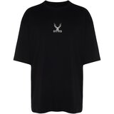 Trendyol Black Men's Oversize Deer Embroidered 100% Cotton T-Shirt Cene
