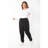 Şans Women's Plus Size Black Eyelet Laced Waist And Ribbed Cuff Tracksuit Trousers
