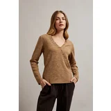 Moodo Women's blouse with ribbed V-neck - beige