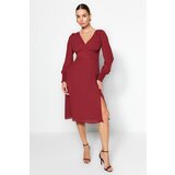 Trendyol Claret Red Midi Dress with Corsage Detailed and a Slit Cene