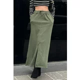 Madmext Women's Khaki Green Midi Skirt with a Slit Detail