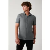 Avva Men's Gray 100% Cotton Ribbed Jacquard Short Sleeve Knitted Standard Fit Regular Cut Shirt