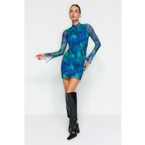 Trendyol Blue Stand-Up Collar Printed Mini Knitted Dress with Frills Fitted/Stickered Tulle Liner Cene