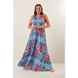 By Saygı Front Back V-Neck Floral Pattern Lined Plus Size Long Tulle Dress Baby Blue Cene