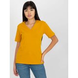 Fashion Hunters Dark yellow women's basic T-shirt with V-neck Cene