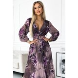 numoco basic Numoco pleated chiffon long dress with neckline, long sleeves and wide belt | ePonuda.com