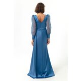 Lafaba Women's Indigo Double Breasted Neck Silvery Long Satin Evening Dress | Shoptok.si
