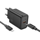 hoco. Type-C stenski polnilec + Type-C kabel na Lightning PD QC 30W N62 črn | Shoptok.si