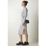 Happiness İstanbul Women's White Striped Slit Saran Knitted Dress