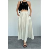 Laluvia Beige Pocketed Linen Skirt with Elastic Waist cene