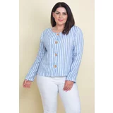 Şans Women's Plus Size Blue Linen Unlined Front Button Down Jacket
