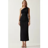 Happiness İstanbul Women's Black One-Shoulder Gathered Wrap Sandy Dress