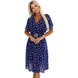 numoco basic 604-4 Sensual dress with white polka dots, a wrap neckline and a decorative belt - navy blue | Shoptok.si