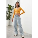 Trendyol Mustard Long Sleeve Crew Neck Buttoned Crop Knitted Blouse Cene