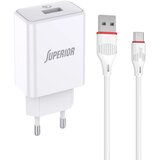  PUNJAČ SA KABLOM SUPERIOR SU-P101 FAST 18W 3A USB-A NA USB-C P1218 BELI Cene