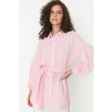 Trendyol Pink Striped Belted Balloon Back Sleeve Long Woven Shirt Cene