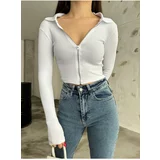 BİKELİFE Women's Zipper Polo Neck Ribbed Long Sleeve Camisole Crop Blouse